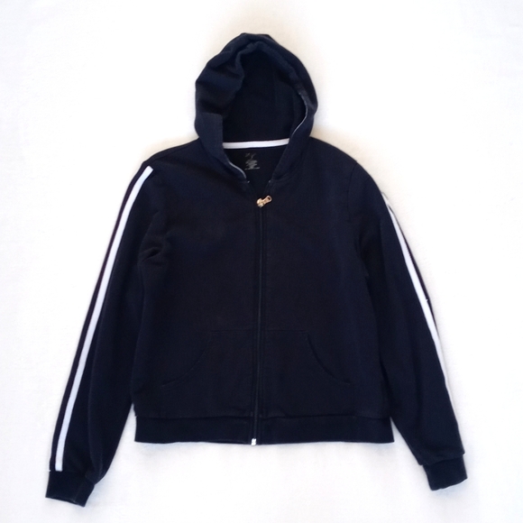 Vintage Black Cropped Long Sleeve Hoodie with White Racer Stripes M - Picture 4 of 11